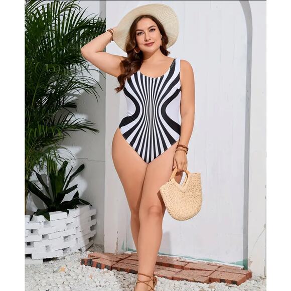 Temu Other - Sexy One-piece Swimsuit Striped Print Round Neck size 1X NWT